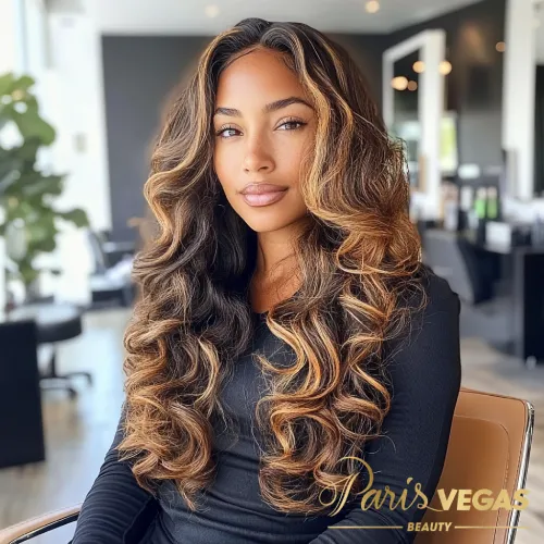 Cabelo cacheado morena iluminada no salão Paris Vegas Beauty em São Paulo.