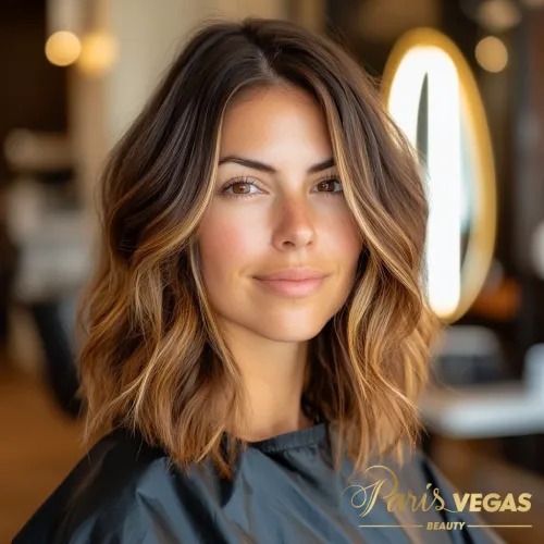 Mulher de frente em salão de cabeleireiro com cabelo liso e pontas carameladas em morena iluminada.