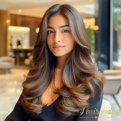 Jovem linda de frente com cabelo liso em morena iluminada caramelo, sentada.