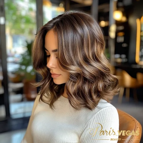 Mulher de meia lado com cabelo curto em salão de cabeleireiro São Paulo.