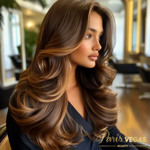 Mulher de lado com cabelo comprido em morena iluminada caramelo.