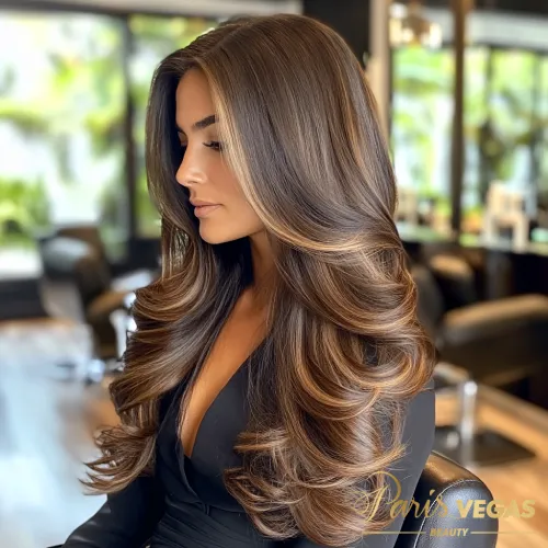 Cabelo com mechas em camadas visto de lado em morena iluminada caramelo.