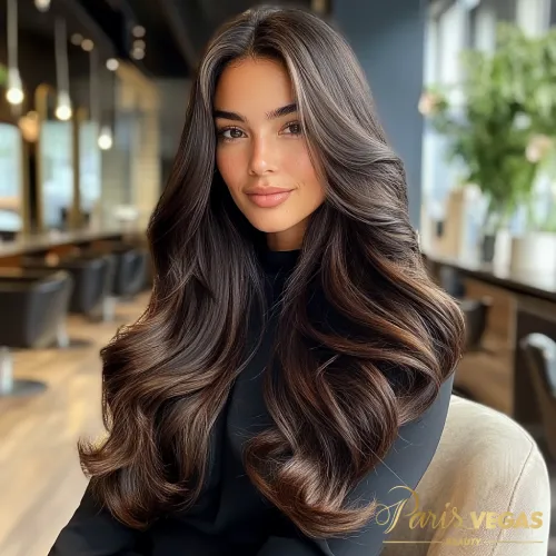 Mulher com cabelo top com combinação de tons quentes no salão de beleza.