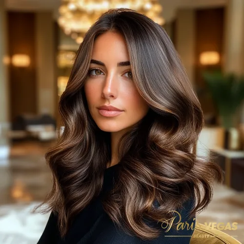 Mulher com cabelo liso maravilhoso no salão Paris Vegas Beauty