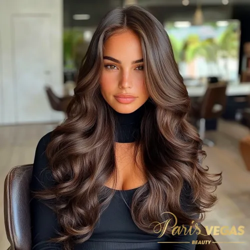 Mulher com cabelo morena iluminada chocolate com finalização brilhante no salão de beleza Paris Vegas Beauty