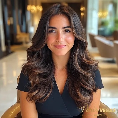 Mulher de frente com cabelo liso no salão Paris Vegas Beauty