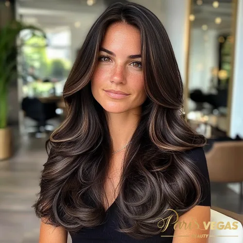 Mulher com cabelo morena iluminada chocolate no salão em São Paulo