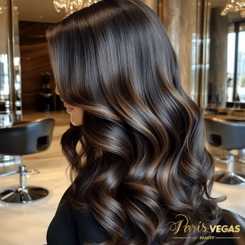 Mulher com cabelo morena iluminada chocolate em estilo romântico com ondas em São Paulo no salão Paris Vegas Beauty