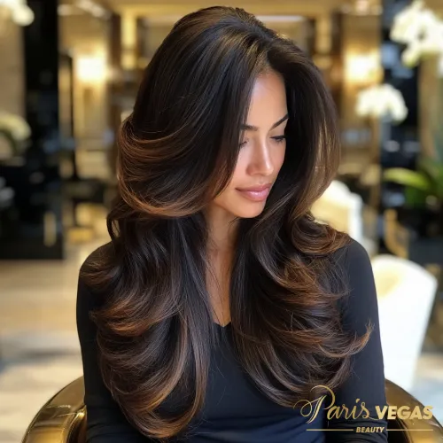 Mulher com cabelo morena iluminada chocolate, raiz escura e pontas iluminadas no salão Paris Vegas Beauty