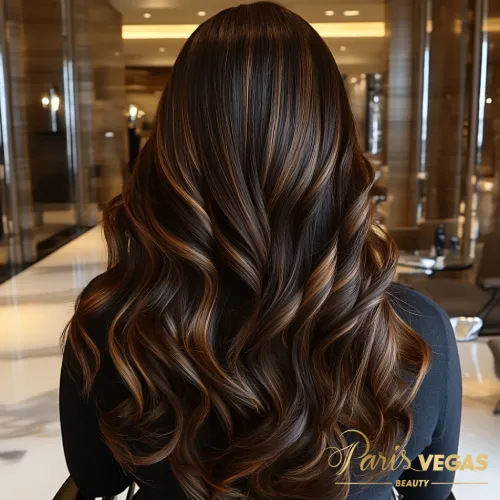 Mulher com cabelo morena iluminada chocolate e luzes delicadas no salão Paris Vegas Beauty