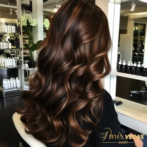 Mulher com cabelo liso e volume na raiz morena iluminada chocolate no salão SP