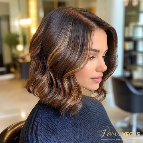 Mulher de lado com cabelo curto e movimento em tom de morena iluminada, em um ambiente elegante.