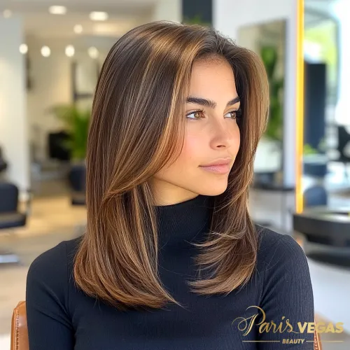 Mulher em salão de beleza com cabelo curto e morena iluminada, exibindo um estilo casual e elegante.