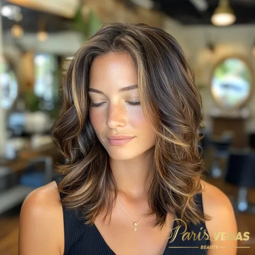 Mulher com cabelo curto em tom de morena iluminada, exibindo um estilo sofisticado e natural em um ambiente elegante.