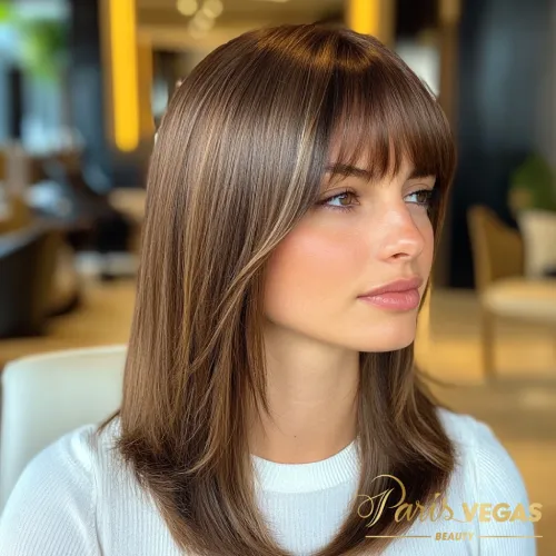 Mulher com cabelo curto em tom de morena iluminada, exibindo um estilo fashionista e ousado em um ambiente de salão.