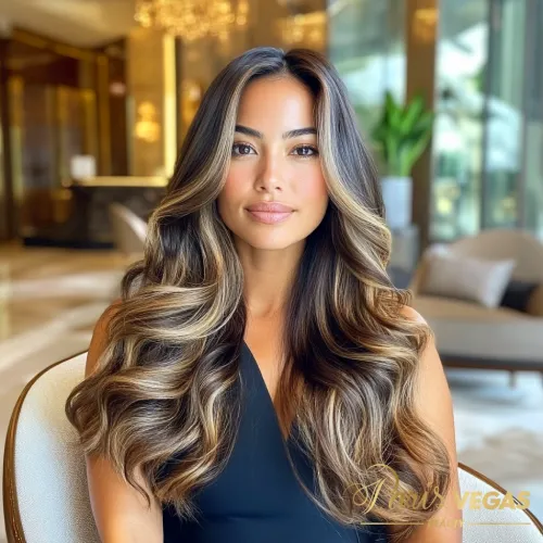 Mulher de frente com cabelo liso em morena iluminada dourado, exibindo glamour e estilo.