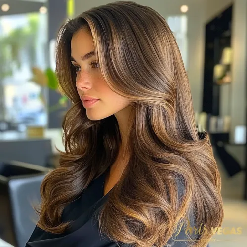 Mulher de lado com cabelo liso em morena iluminada dourado, exibindo glamour casual.