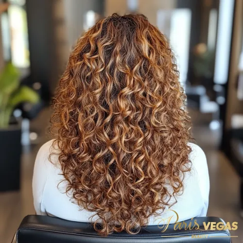 Morena iluminada com cabelo cacheado, em um ambiente elegante no salão Paris Vegas Beauty em São Paulo.