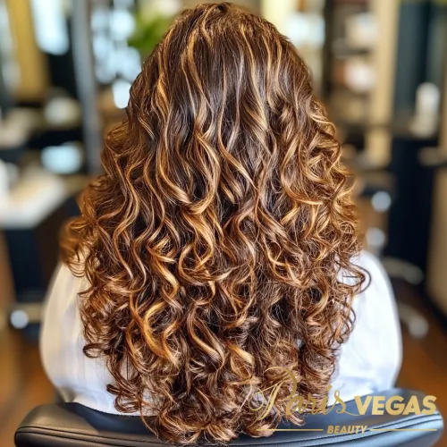 Morena iluminada com cabelo cacheado, posando de forma elegante no salão Paris Vegas Beauty em São Paulo.