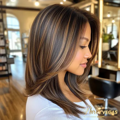 Mulher com cabelo curto e reflexos em tom de morena iluminada, exibindo um estilo moderno e vibrante.