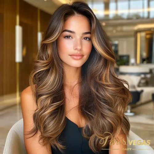 Mulher de frente com cabelo liso em morena iluminada mel e dourado, com textura aveludada.