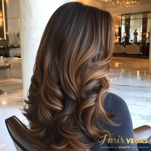 Mulher de costas com cabelo liso em morena iluminada mel e dourado, refletindo beleza intensa.