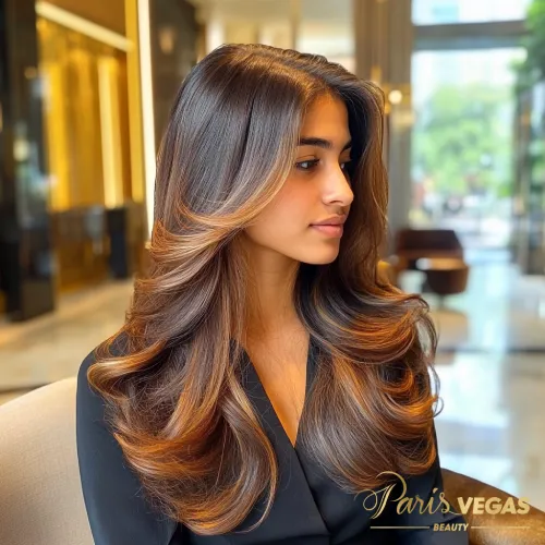 Mulher de lado com cabelo liso em morena iluminada mel e dourado, exibindo brilho natural.