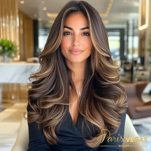 Mulher de frente com cabelo liso em morena iluminada mel, em ambiente luxuoso.