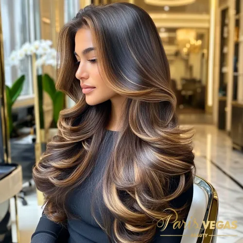 Mulher de lado com cabelo liso em morena iluminada mel, exibindo um estilo deslumbrante.