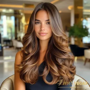 Mulher com cabelo liso em morena iluminada mel, exibindo um look elegante.