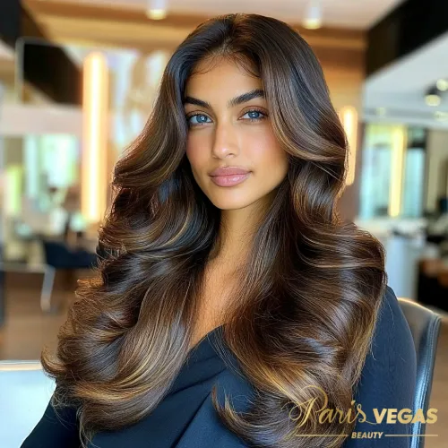 Mulher com cabelo liso em morena iluminada mel, olhando profundamente com um estilo radiante.