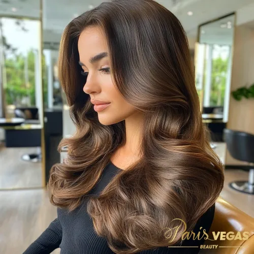 Mulher de lado com cabelo liso, transmitindo frescor natural.