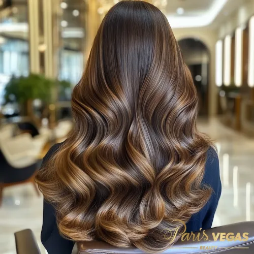 Mulher de costas com cabelo liso em morena iluminada mel, em um ambiente sofisticado.