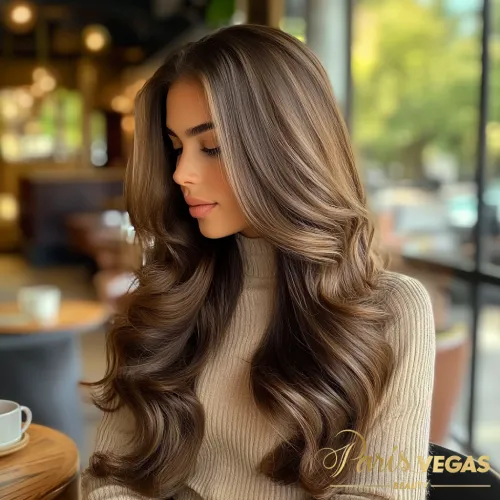 Mulher de lado com cabelo liso em morena iluminada mel, exibindo um glamour relaxado.