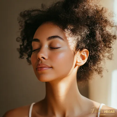 Mulher de cabelo cacheado relaxada após sessão de relaxamento