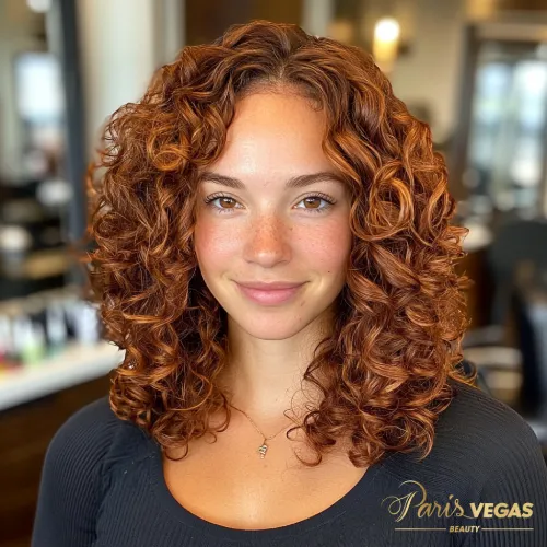 Mulher ruiva com cabelo cacheado, usando blusa preta, em um fundo desfocado.