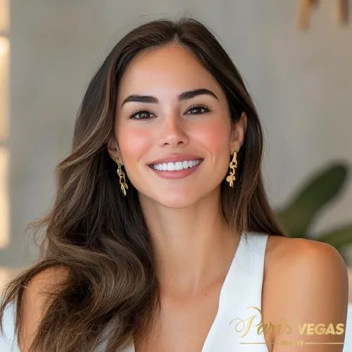 Mulher com cabelo castanho e sorriso radiante em um ambiente sofisticado e moderno.