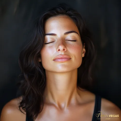 Mulher com cabelo castanho, relaxada, de olhos fechados e tranquila.