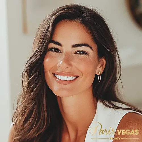 Mulher com cabelo liso e escuro, sorrindo, vestindo uma roupa branca.