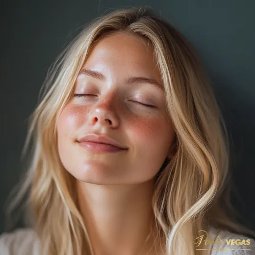 Mulher loira com olhos fechados, expressando calma e tranquilidade