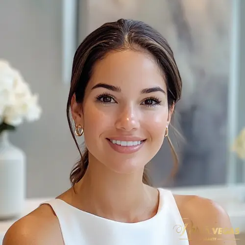 Mulher morena sorrindo após tratamento de beleza no salão de Moema, São Paulo.