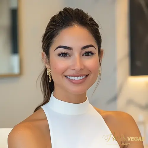 Mulher morena sorrindo, usando brincos dourados e roupa branca, com um look elegante.