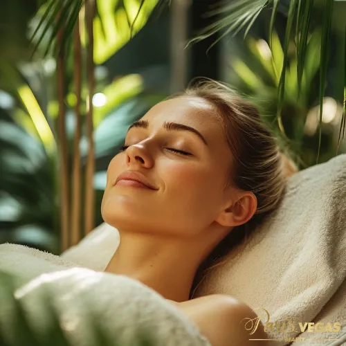 Mulher de olhos fechados, relaxada, em um ambiente tranquilo com plantas ao redor.