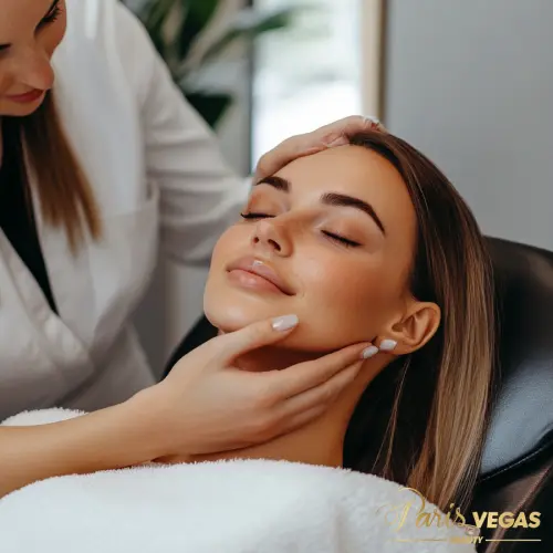 Mulher recebendo cuidados faciais, com expressão satisfeita e relaxando.