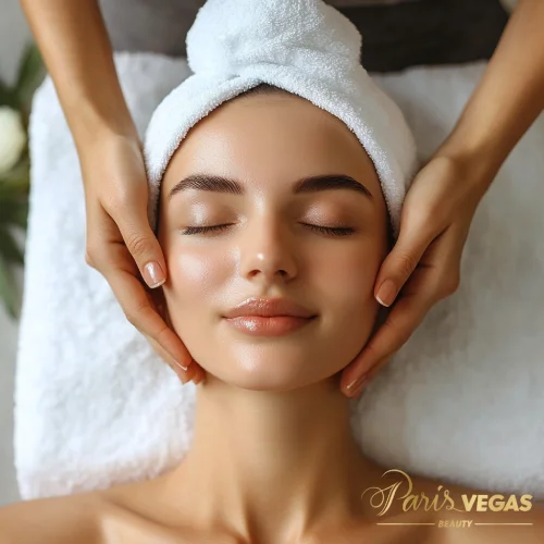 Mulher recebendo massagem facial relaxante, com expressão de tranquilidade.