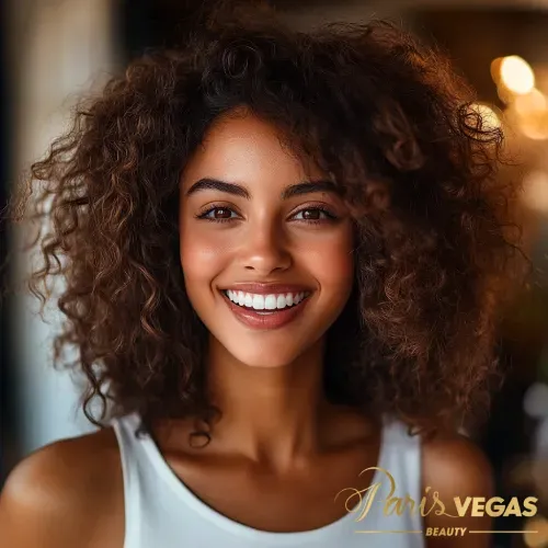 Mulher sorridente com cabelo cacheado, vestindo uma blusinha branca.