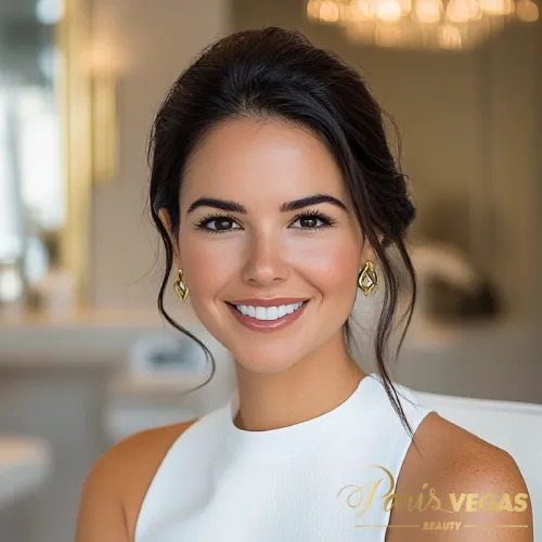 Mulher sorrindo, elegante e fina, com cabelo escuro e liso.