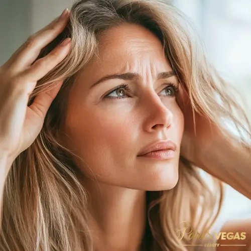 Mulher preocupada com queda de cabelo, recebendo tratamento capilar