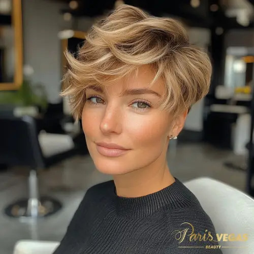 Mulher com corte de cabelo curto feminino, sendo atendida em espaço da beleza perto de mim em Moema.