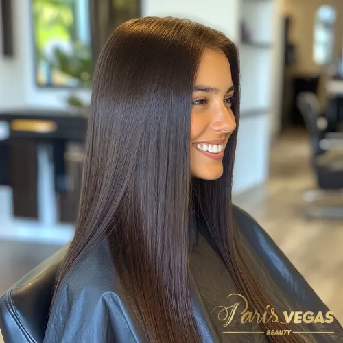 Mulher sorrindo com cabelo liso em salão de cabeleireiro na Zona Sul.